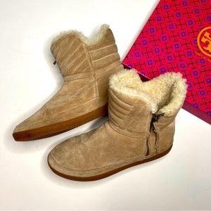 Tory Burch TAN SUEDE Leather Ankle ZIP BOOTS Booties FAUX FUR LINED